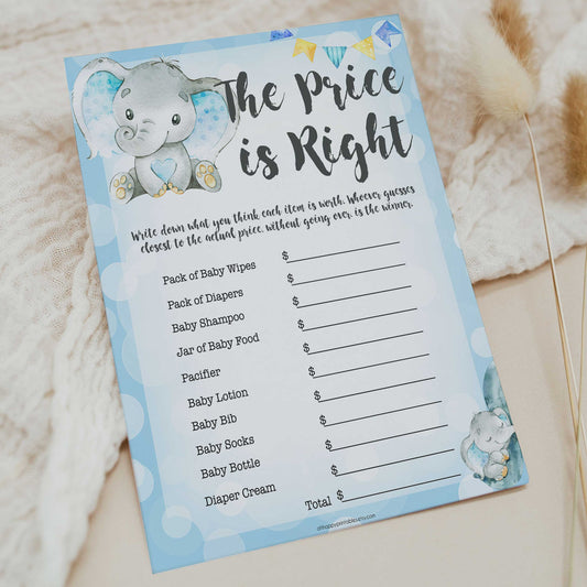 Blue elephant baby games, the price is right, elephant baby games, printable baby games, top baby games, best baby shower games, baby shower ideas, fun baby games, elephant baby shower