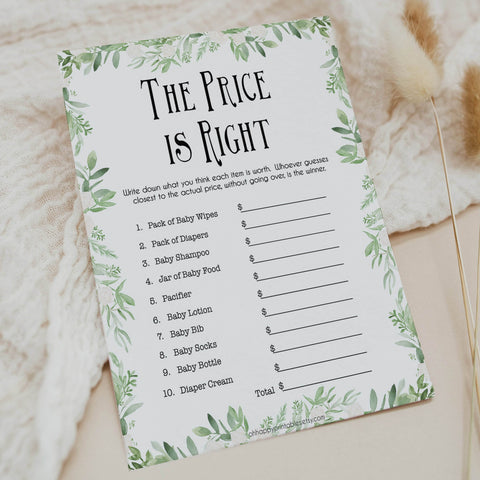 Greenery Price Is Right Baby Shower Game, Greenery Guess The Price Games, Floral Green Baby Shower Price Games, Price Is Right Game, printable baby games, fun baby games, popular baby games