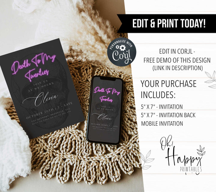 fully editable invitation and mobile invitation celebrating the death of my twenties. Gothic death to my twenties invitation suite