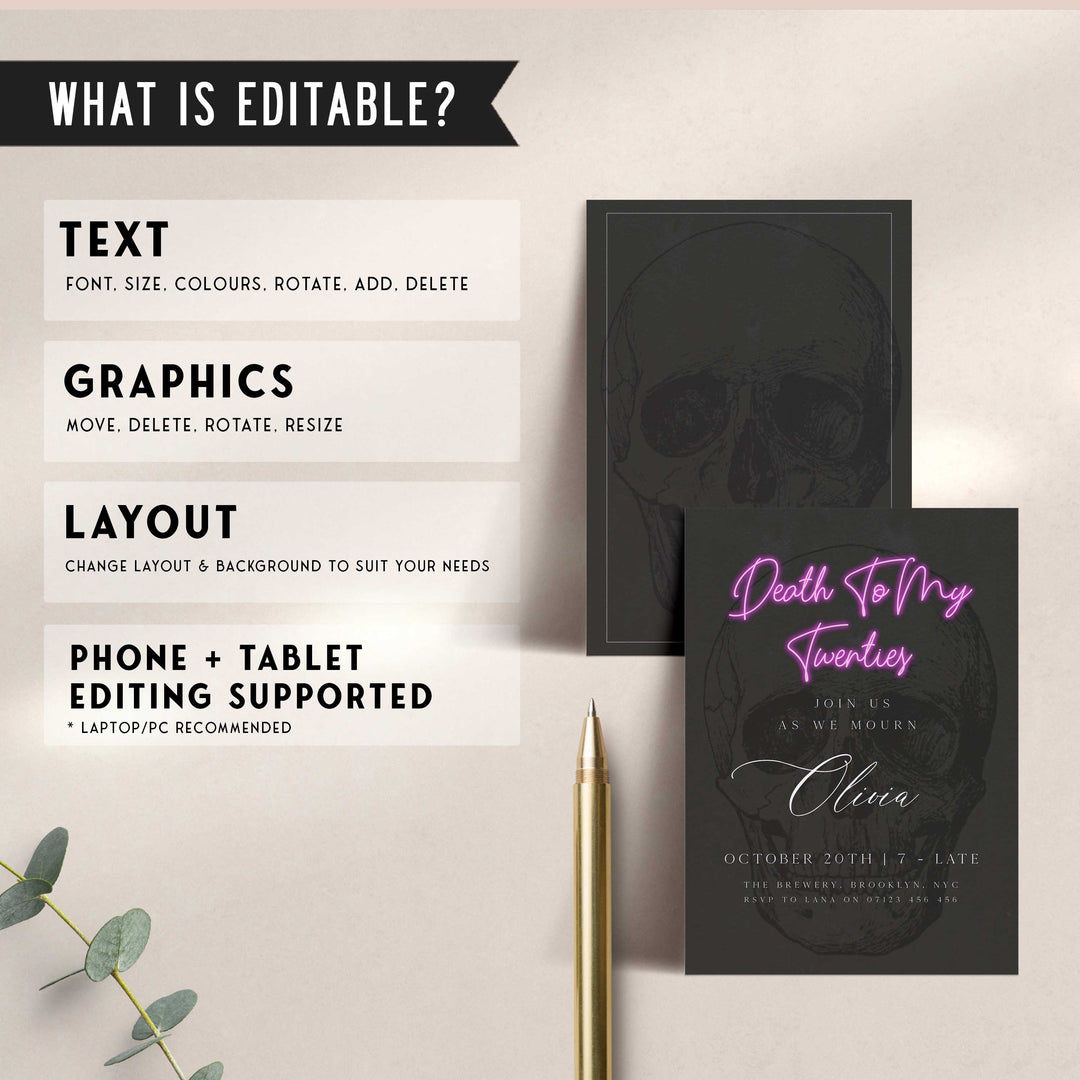 fully editable invitation and mobile invitation celebrating the death of my twenties. Gothic death to my twenties invitation suite
