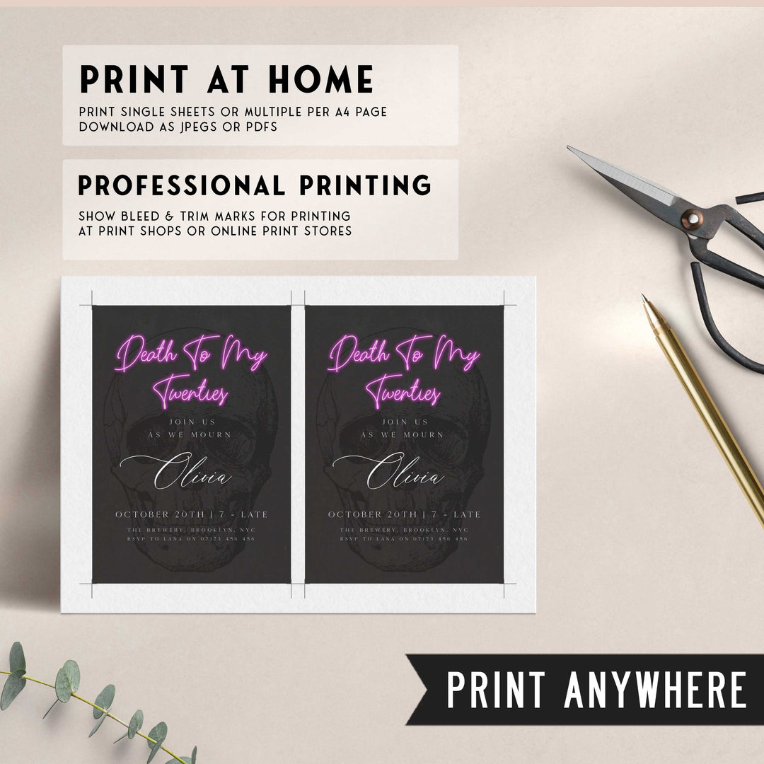 fully editable invitation and mobile invitation celebrating the death of my twenties. Gothic death to my twenties invitation suite