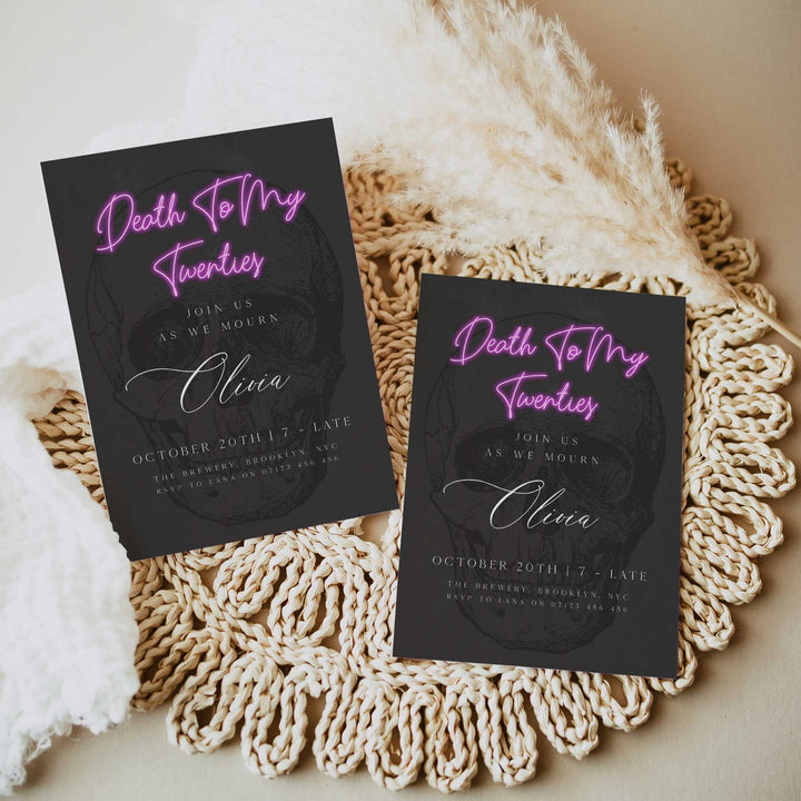 fully editable invitation and mobile invitation celebrating the death of my twenties. Gothic death to my twenties invitation suite
