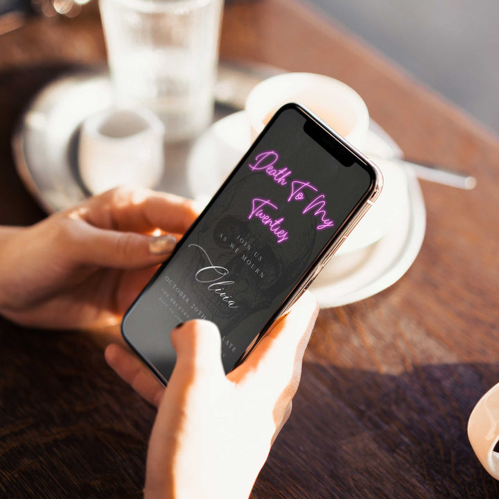 fully editable invitation and mobile invitation celebrating the death of my twenties. Gothic death to my twenties invitation suite