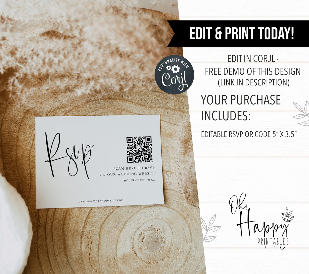 editable QR RSVP Code card, CALLIGRAPHY editable wedding invitation suite, editable wedding stationery, printable wedding stationery, modern wedding items, wedding save the dates