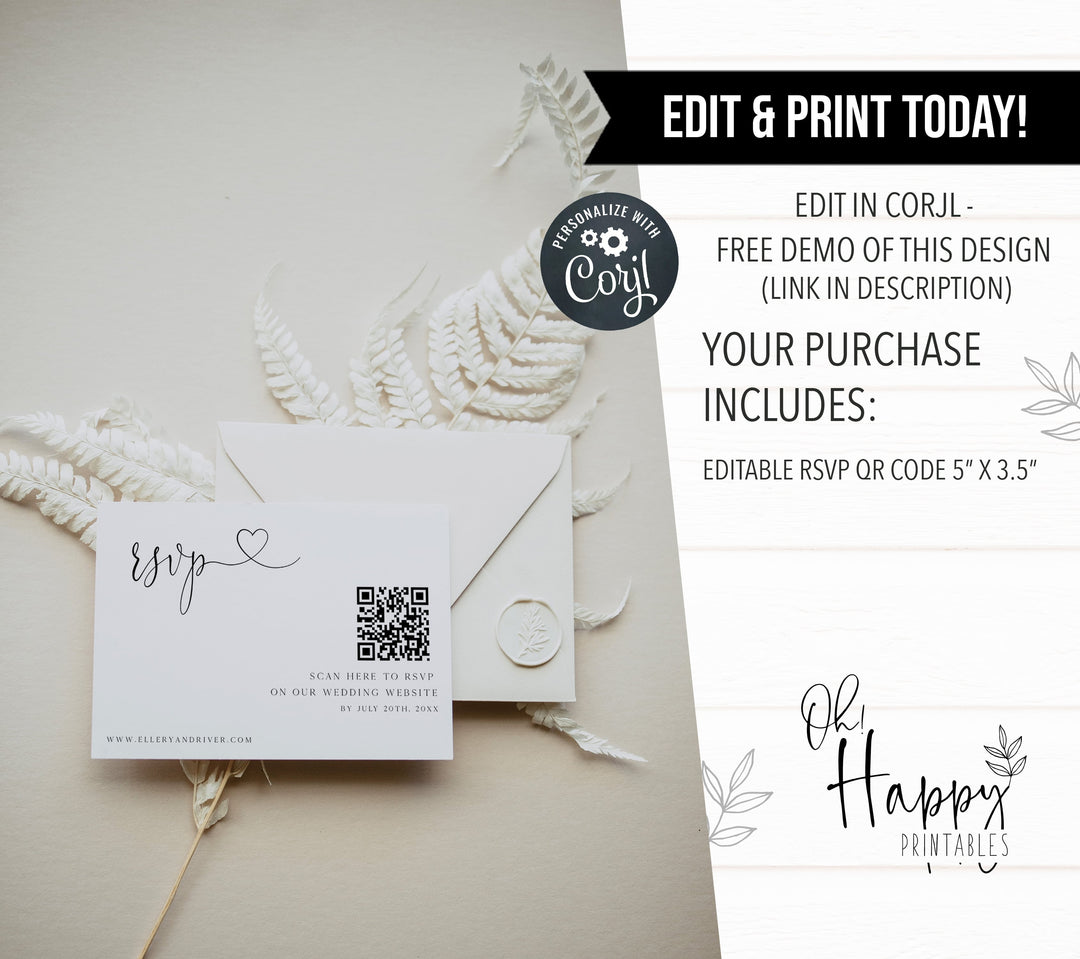 editable QR RSVP card, printable QR RSVP card, CALLIGRAPHY editable wedding invitation suite, editable wedding stationery, printable wedding stationery, modern wedding items, wedding save the dates