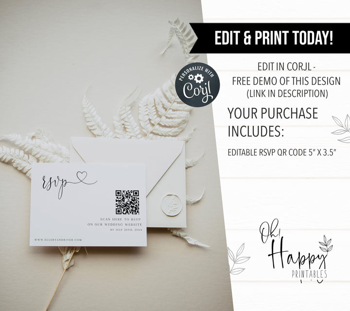editable QR RSVP card, printable QR RSVP card, CALLIGRAPHY editable wedding invitation suite, editable wedding stationery, printable wedding stationery, modern wedding items, wedding save the dates