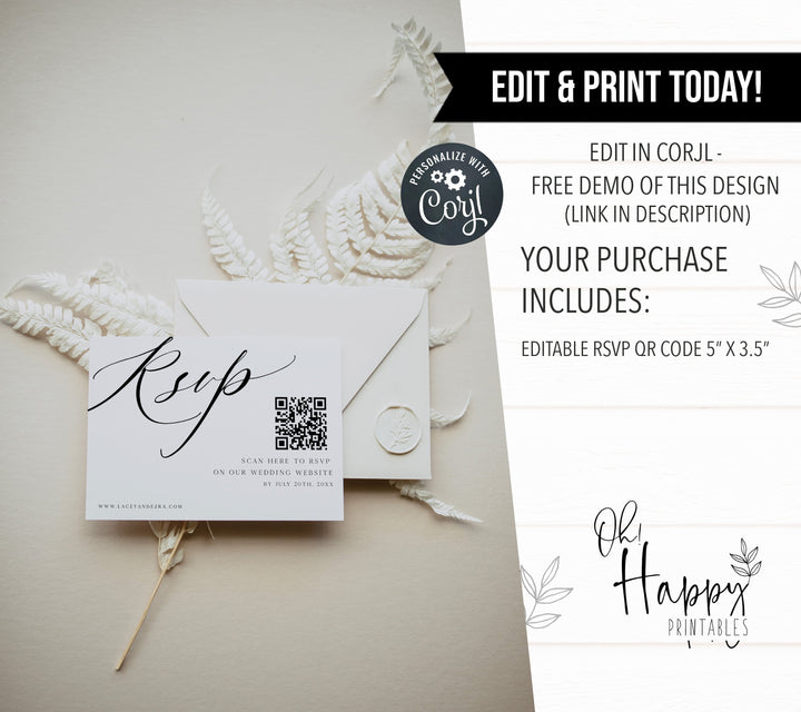 editable QR RSVP card, printable QR RSVP card, CALLIGRAPHY editable wedding invitation suite, editable wedding stationery, printable wedding stationery, modern wedding items, wedding save the dates