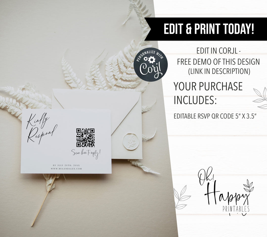 editable QR RSVP card, printable QR RSVP card, CALLIGRAPHY editable wedding invitation suite, editable wedding stationery, printable wedding stationery, modern wedding items, wedding save the dates