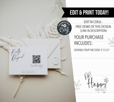 editable QR RSVP card, printable QR RSVP card, CALLIGRAPHY editable wedding invitation suite, editable wedding stationery, printable wedding stationery, modern wedding items, wedding save the dates