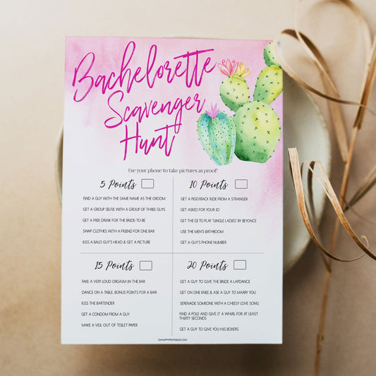 Bachelorette party game Bachelorette Scavenger Hunt, with a pink background and watercolour cactus design