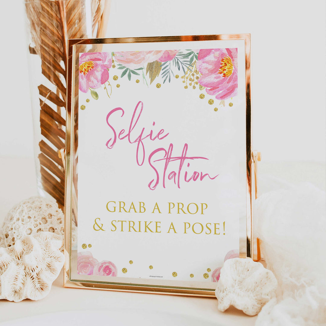selfie station sign, printable bridal shower games, blush floral bridal shower games, fun bridal shower games
