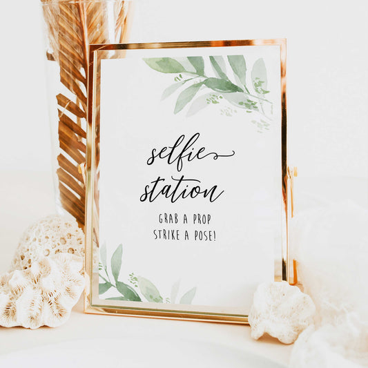 selfie station sign, greenery bridal shower, fun bridal shower games, bachelorette party games, floral bridal games, hen party ideas
