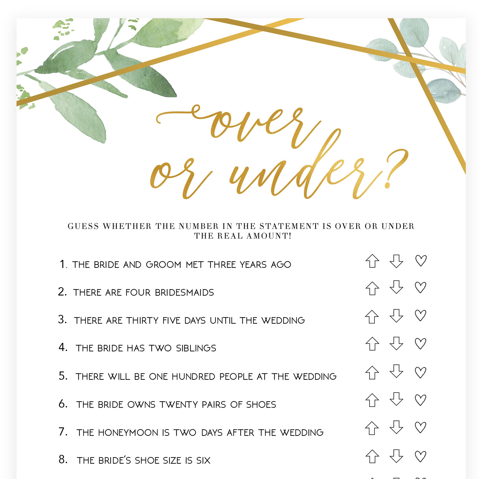 Over or Under Bridal Game - Gold Greenery