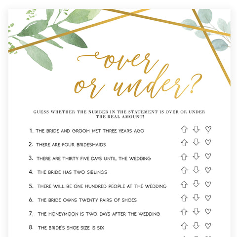 Over or Under Bridal Game - Gold Greenery