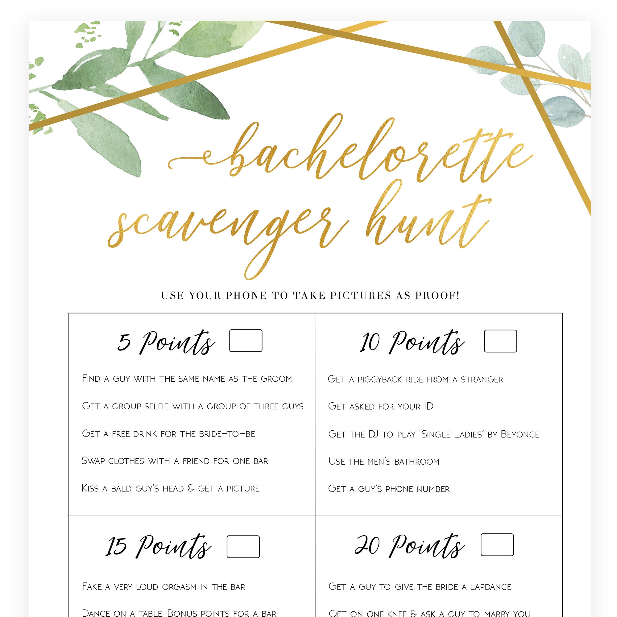 Bachelorette Scavenger Hunt - Gold Greenery