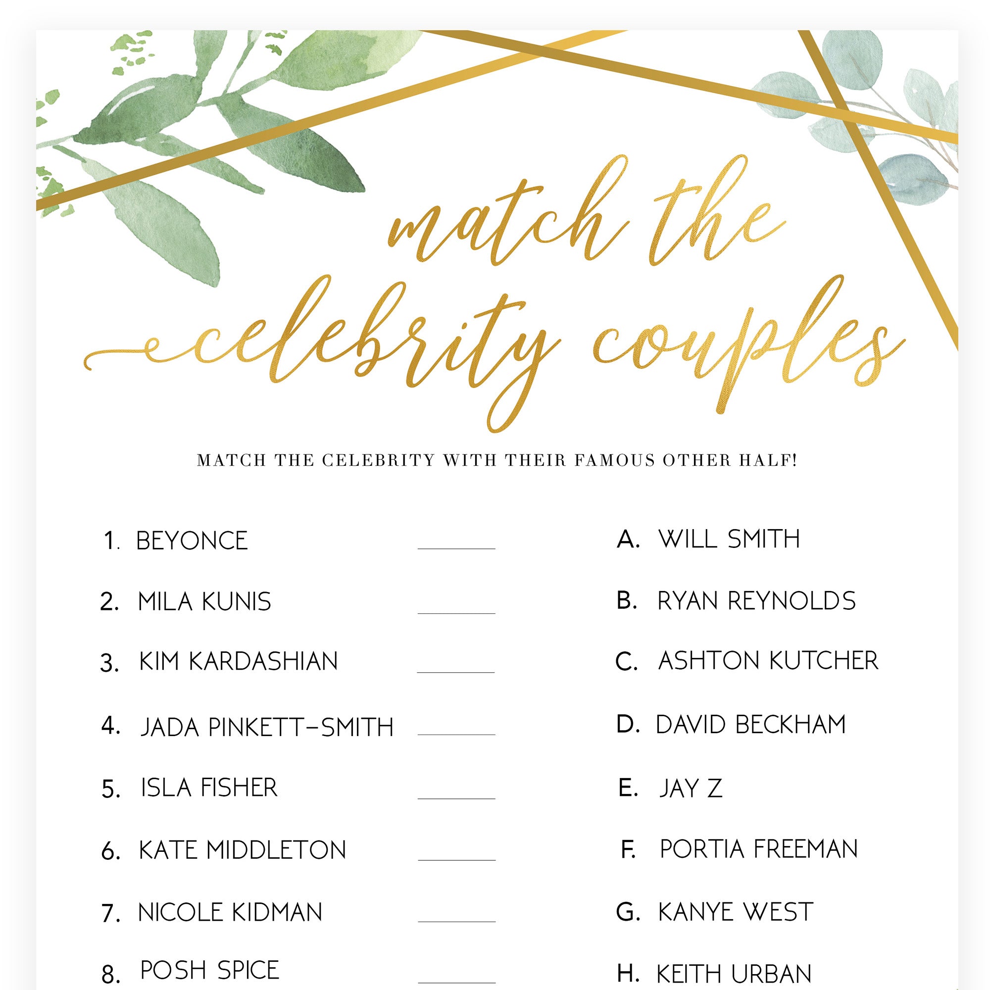 Match Celebrity Couples Game - Gold Greenery