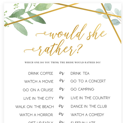 Would She Rather Bridal Game - Gold Greenery