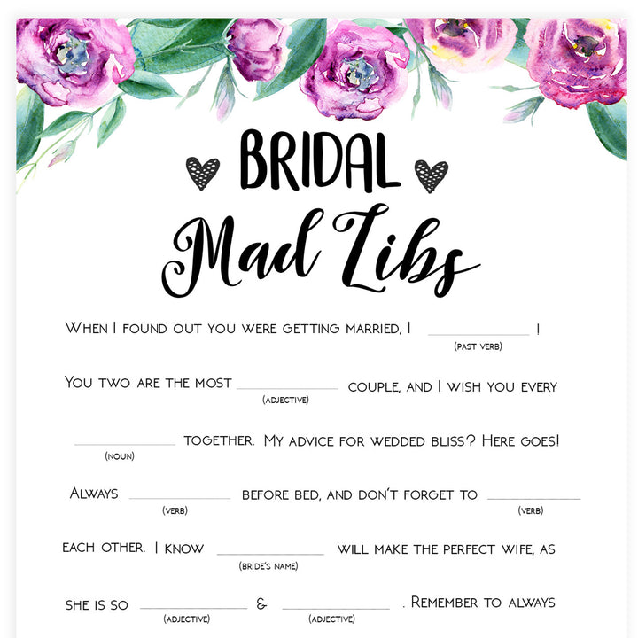 Bridal Mad Libs Game - Purple Peonies