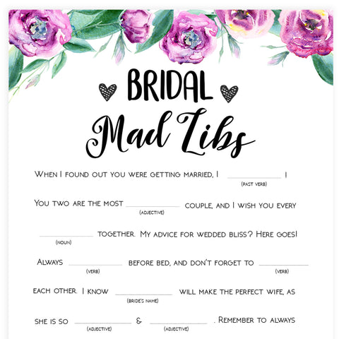 Bridal Mad Libs Game - Purple Peonies