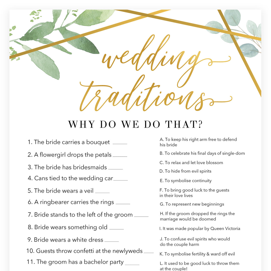 wedding traditions bridal game, Printable bridal shower games, gold floral bridal shower, gold glitter bridal shower games, fun bridal shower games, bridal shower game ideas, gold floral bridal shower