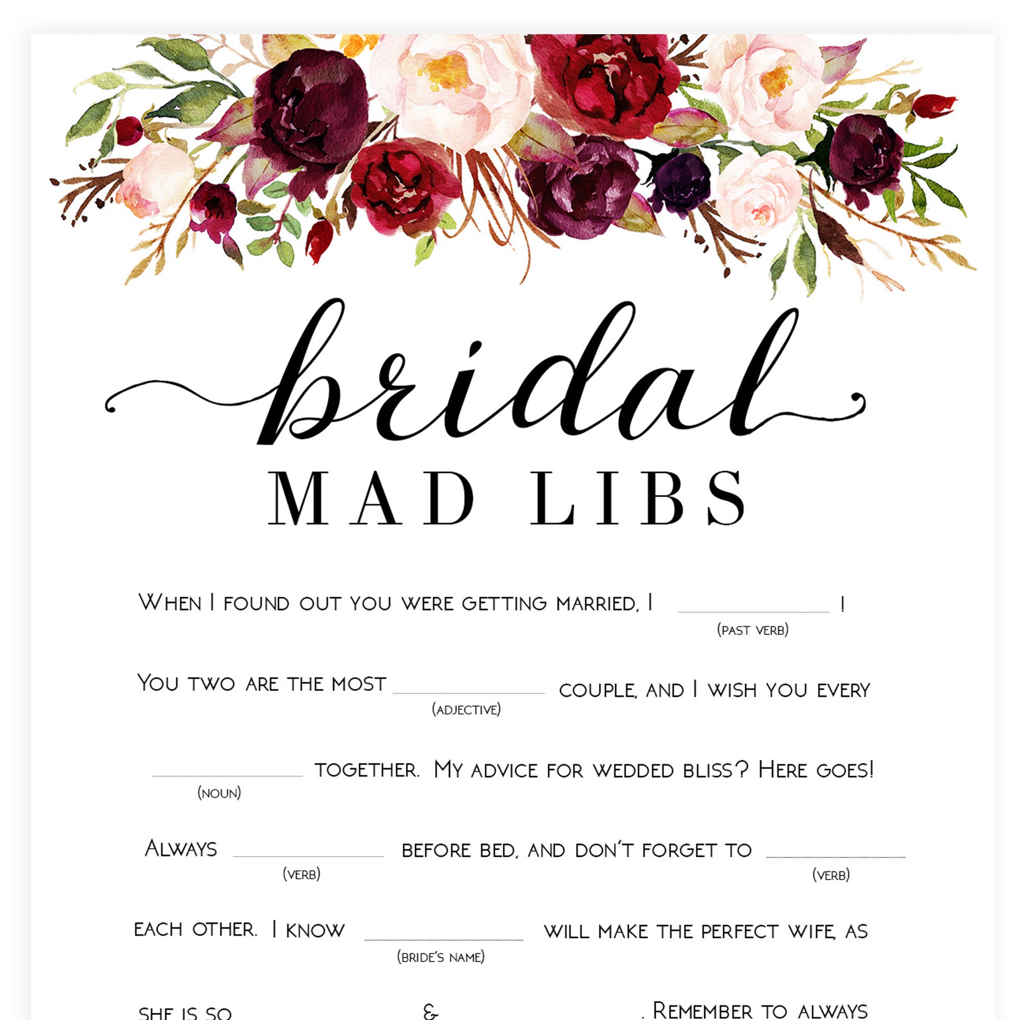 Bridal Mad Libs Game - White Marsala