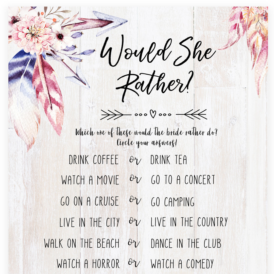 Would She Rather Bridal Game - Boho