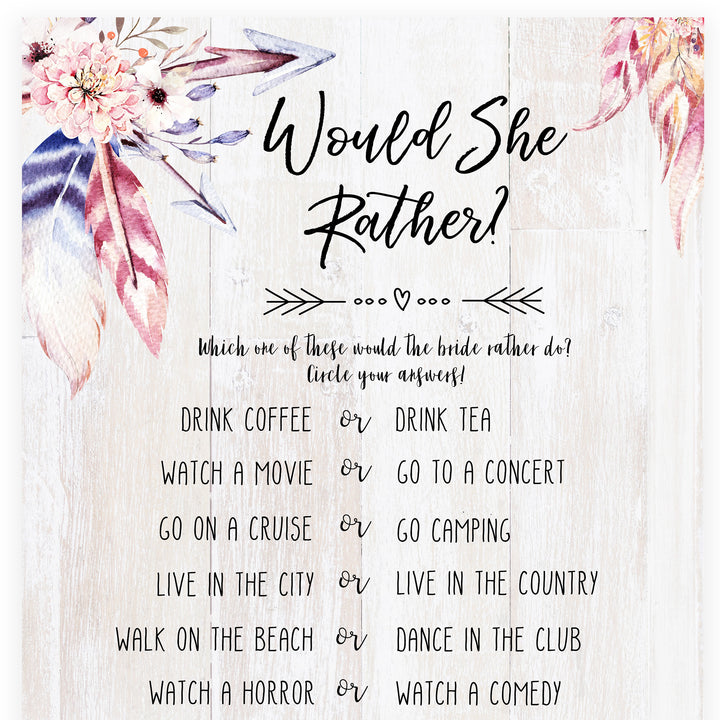 Would She Rather Bridal Game - Boho