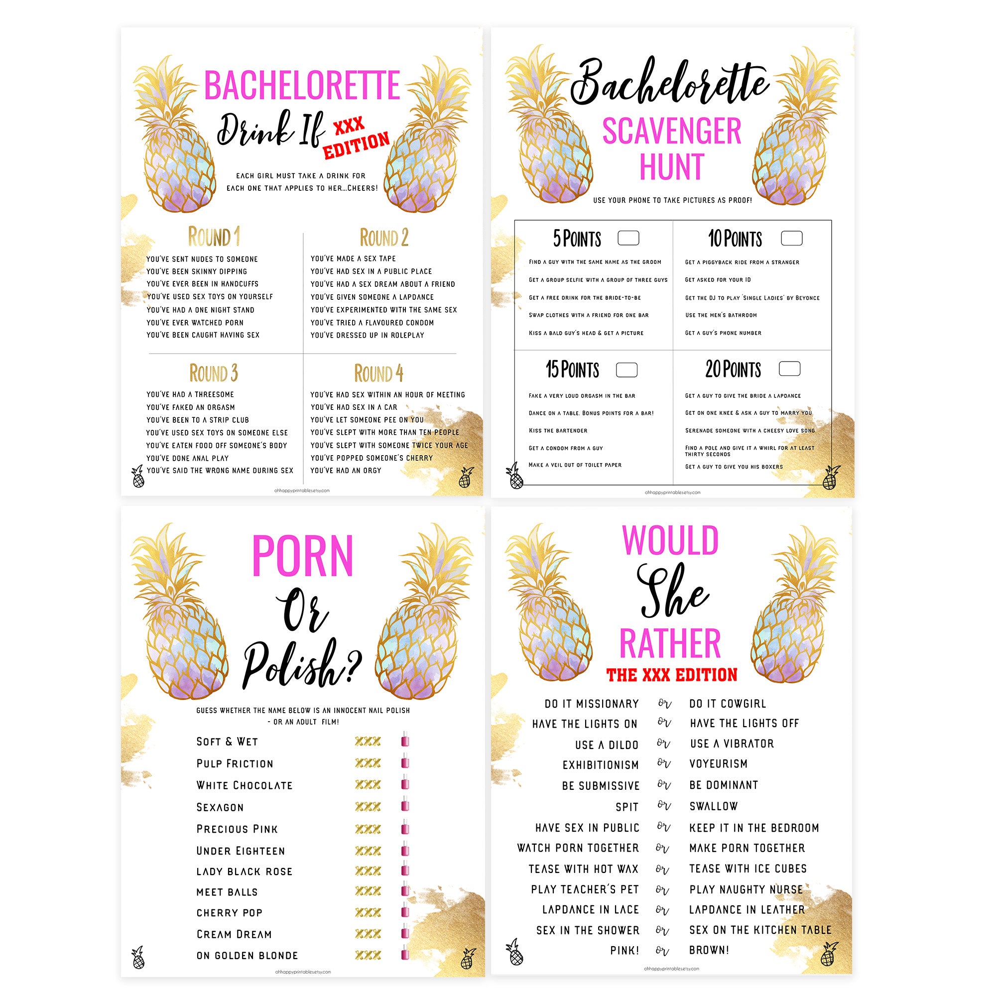 8 Bachelorette Party Games Bundle - Gold Pineapple