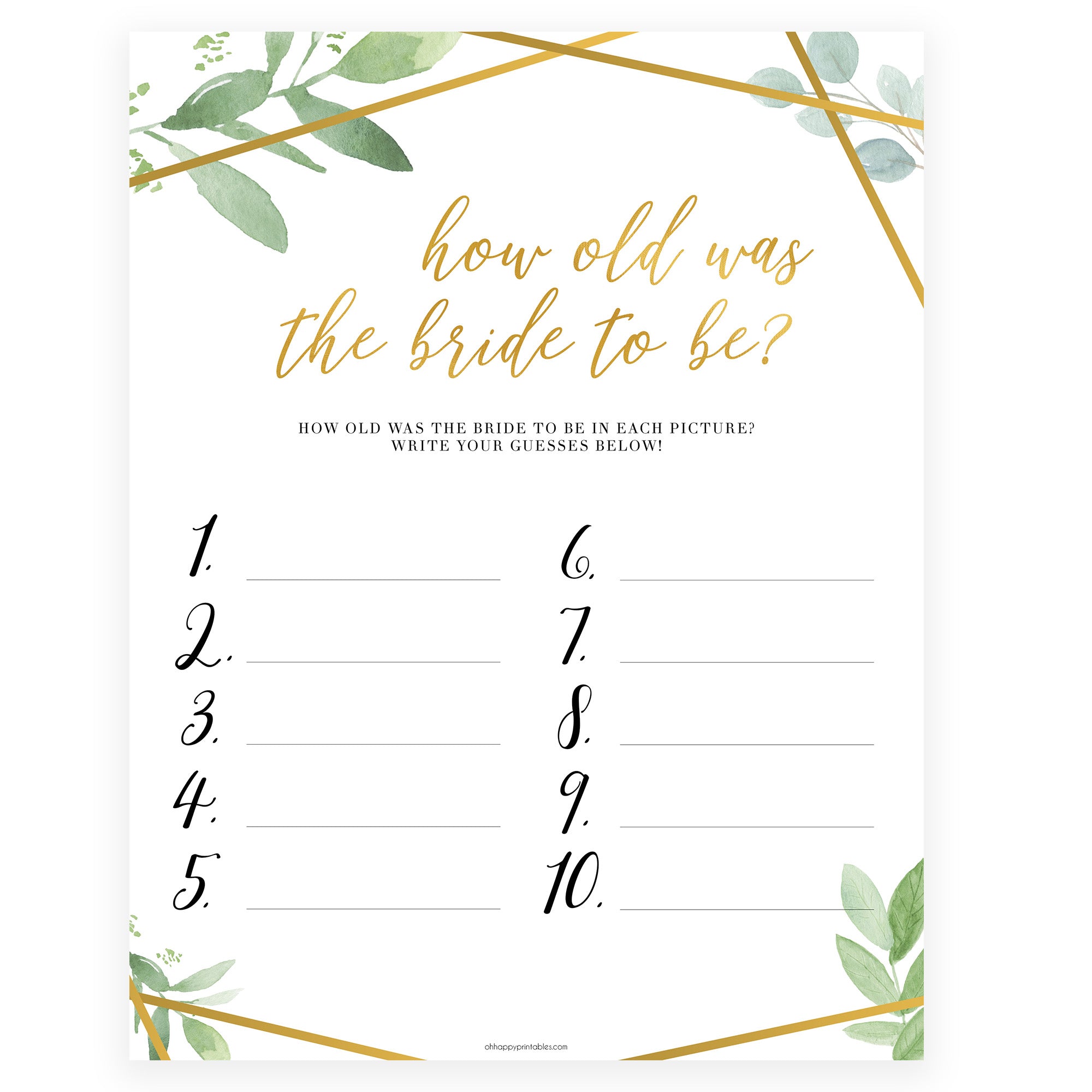 How Old was the Bride Game - Gold Greenery