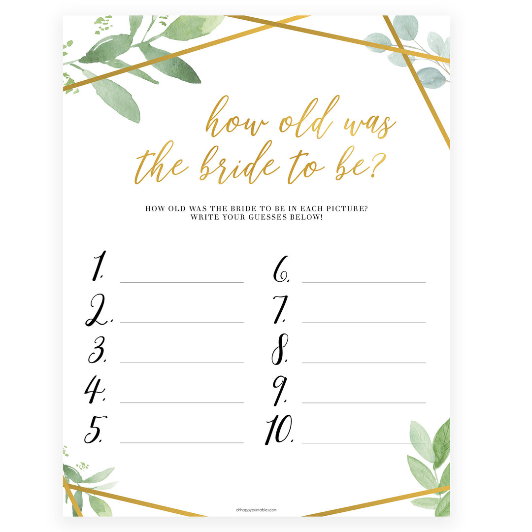 How Old was the Bride Game - Gold Greenery