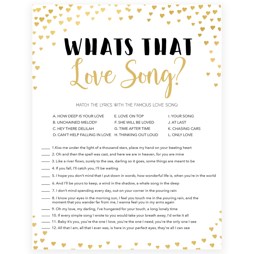 Gold hearts bridal shower games, whats that love song, printable bridal games, gold bridal games, gold hearts bridal games, fun bridal games, top bridal games, best bridal games
