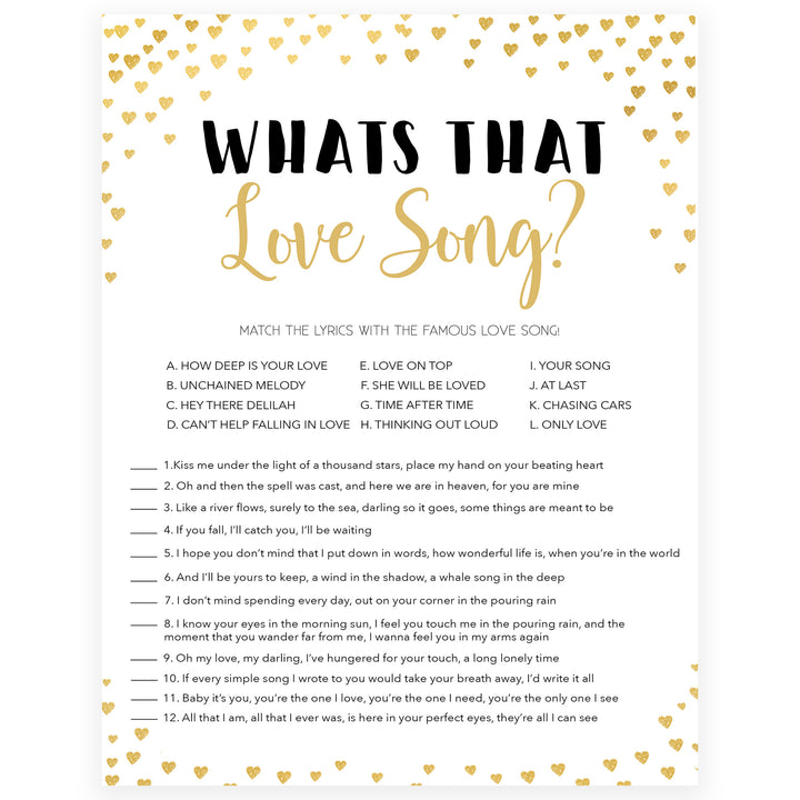 Gold hearts bridal shower games, whats that love song, printable bridal games, gold bridal games, gold hearts bridal games, fun bridal games, top bridal games, best bridal games