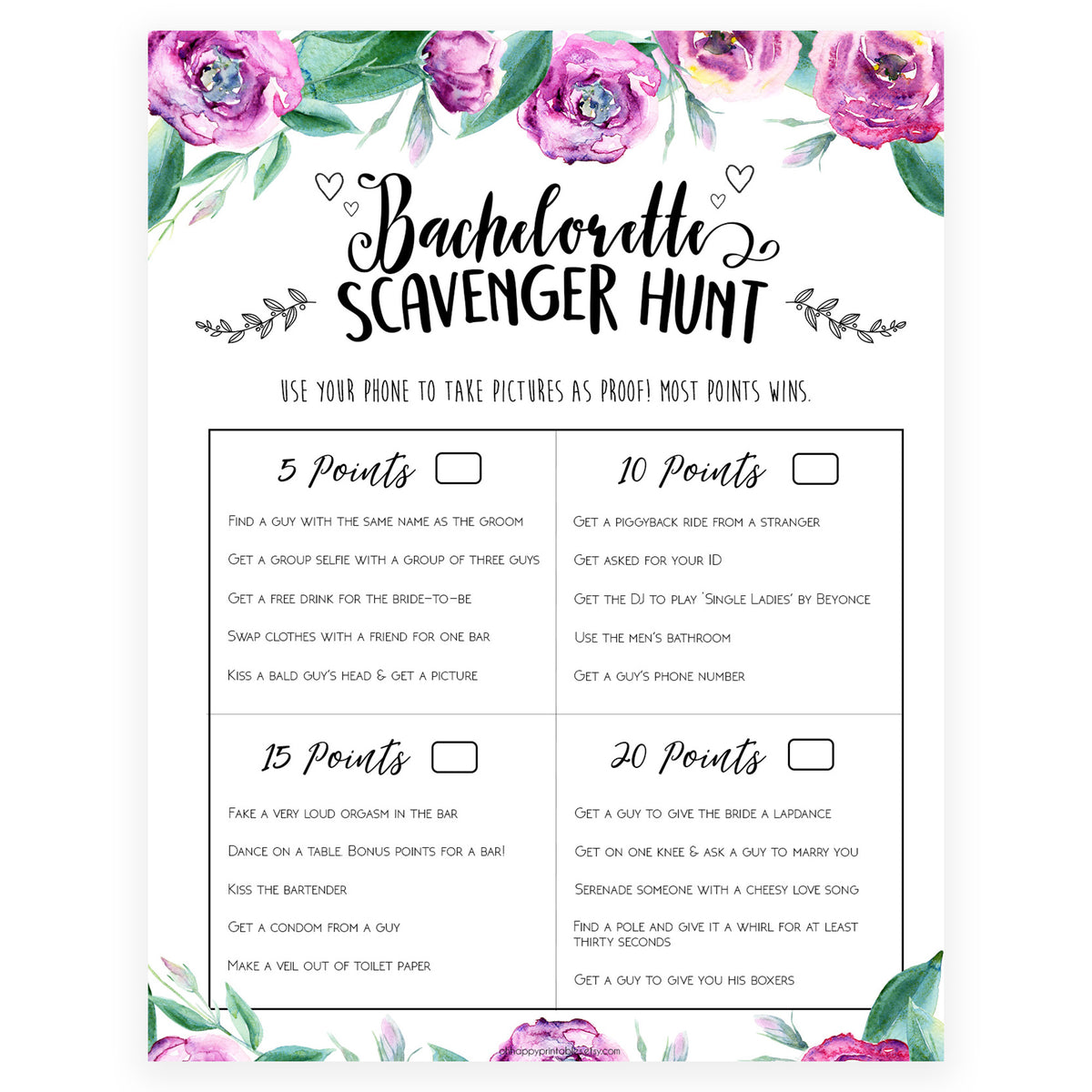 Bachelorette Scavenger Hunt - Purple Peonies