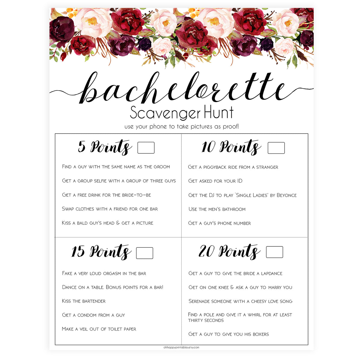 Bachelorette Scavenger Hunt - White Marsala