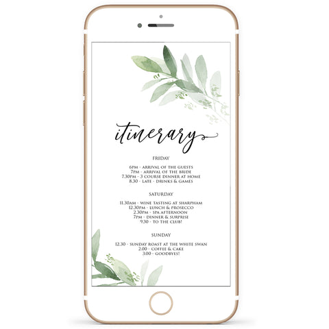 bridal shower itinerary, mobile itinerary, greenery bridal shower invite, mobile invites, editable bridal shower invite, corjl bridal invite, bachelorette party invite