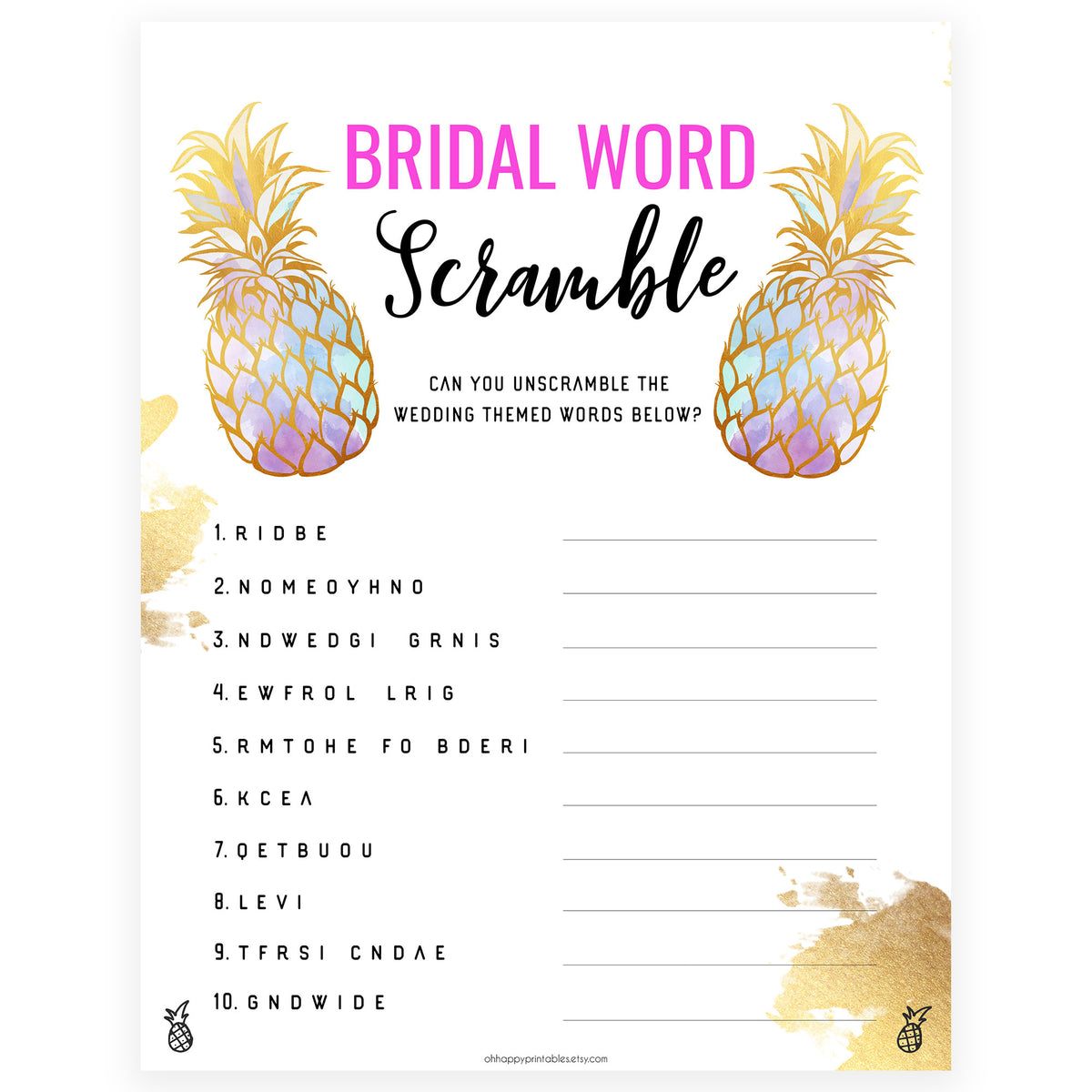 Bridal Word Scramble - Gold Pineapple