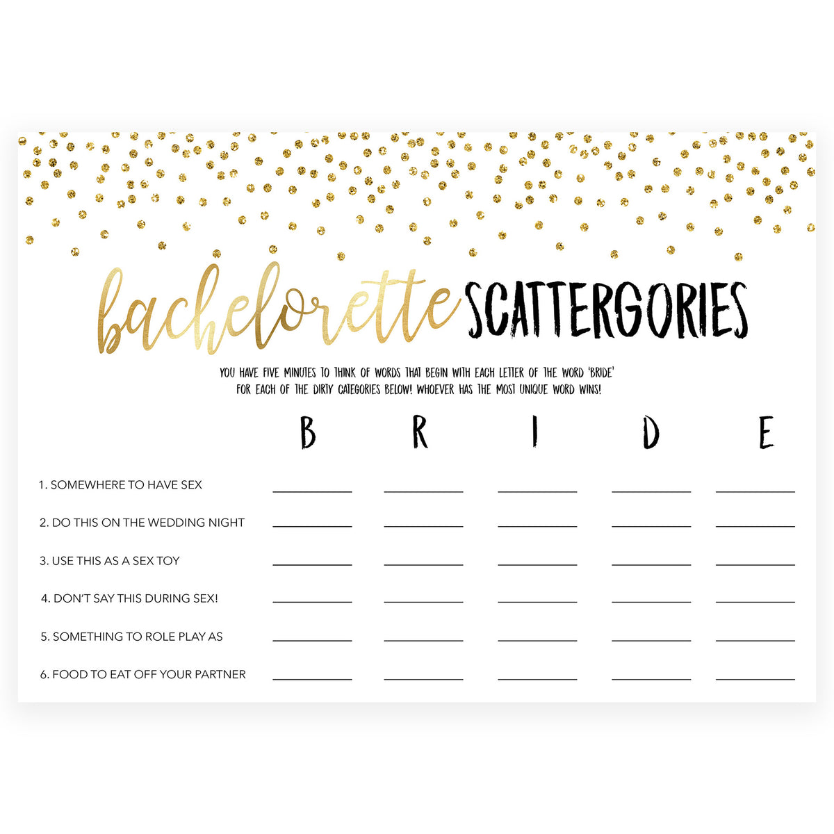bachelorette scattergories game, Printable bachelorette games, gold glitter bachelorette, friends hen party games, fun hen party games, bachelorette game ideas, gold glitter adult party games, naughty hen games, naughty bachelorette games