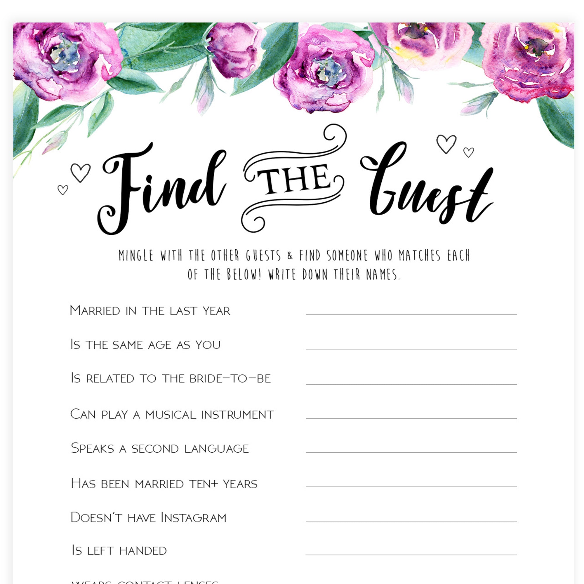Find The Guest Bridal Game - Purple Peonies