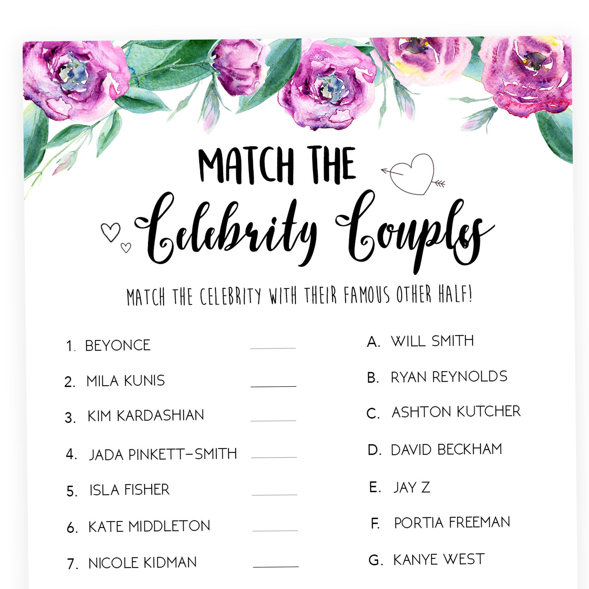 Match Celebrity Couples Game - Purple Peonies
