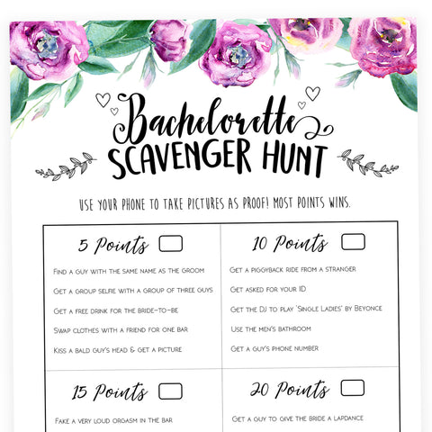 Bachelorette Scavenger Hunt - Purple Peonies