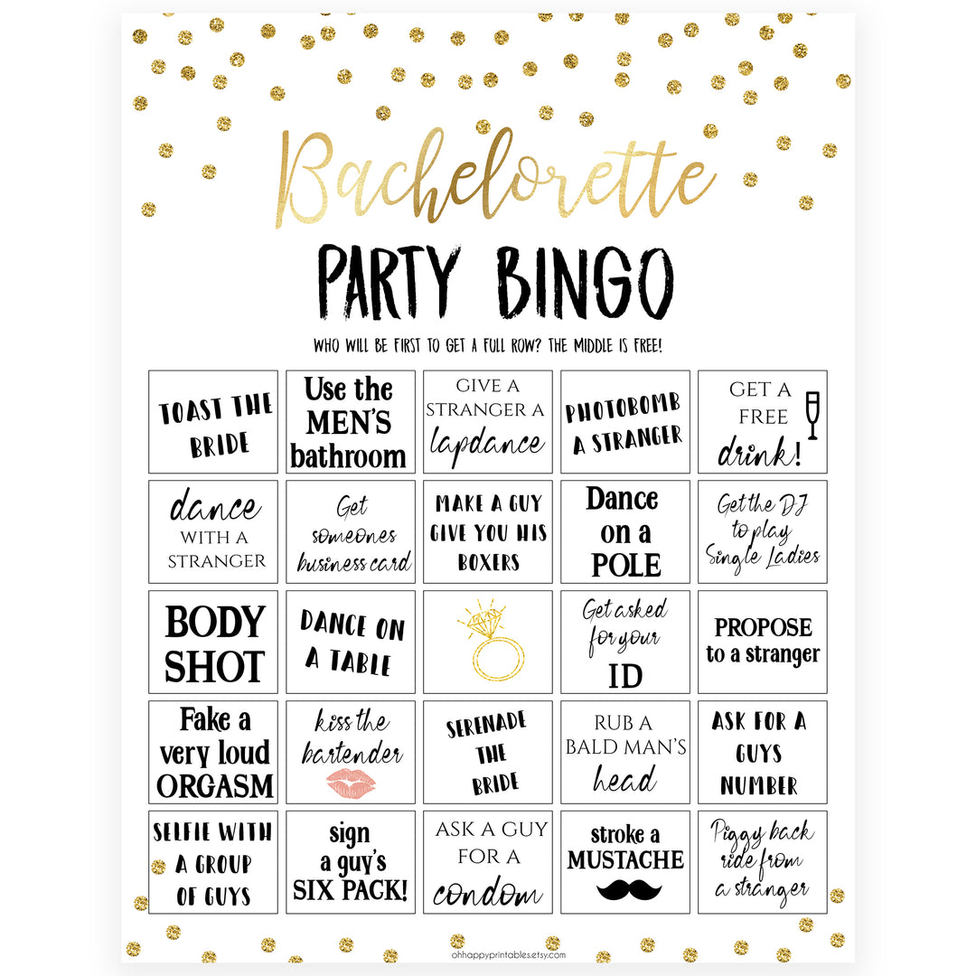 bachelorette party bingo game, dirty bingo game, Printable bachelorette games, gold glitter bachelorette, friends hen party games, fun hen party games, bachelorette game ideas, gold glitter adult party games, naughty hen games, naughty bachelorette games
