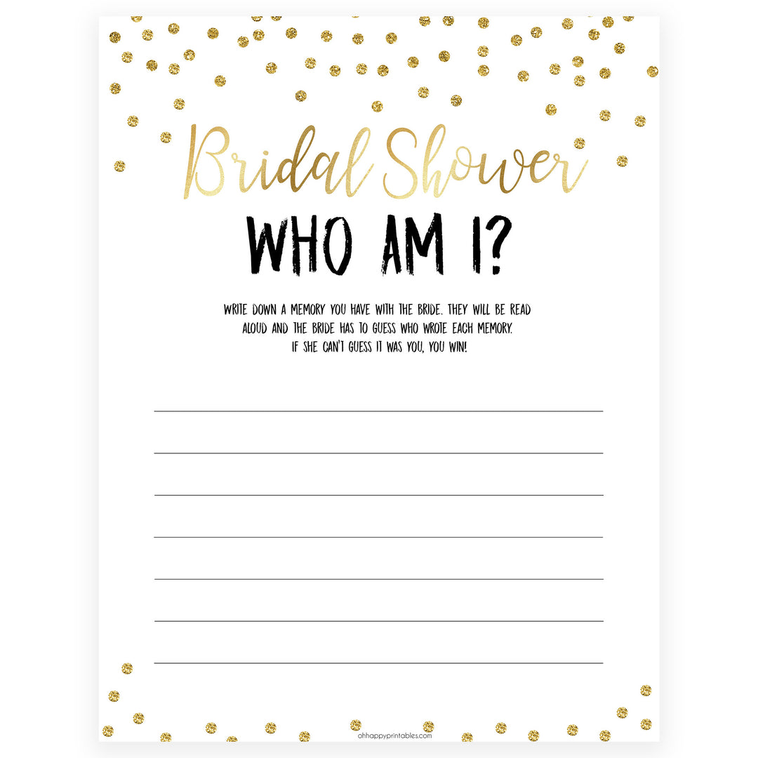 bridal who am i game, Printable bridal shower games, gold glitter bridal shower, gold glitter bridal shower games, fun bridal shower games, bridal shower game ideas, gold glitter bridal shower