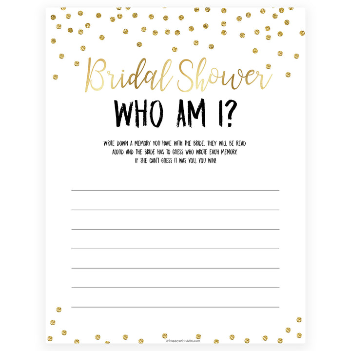 bridal who am i game, Printable bridal shower games, gold glitter bridal shower, gold glitter bridal shower games, fun bridal shower games, bridal shower game ideas, gold glitter bridal shower