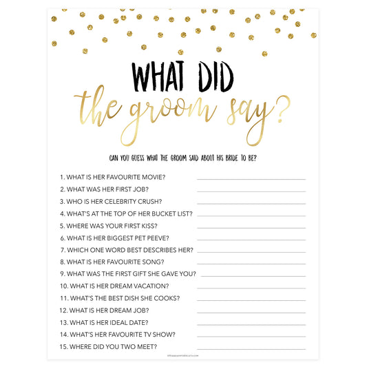 what did the groom say game, Printable bridal shower games, gold glitter bridal shower, gold glitter bridal shower games, fun bridal shower games, bridal shower game ideas, gold glitter bridal shower