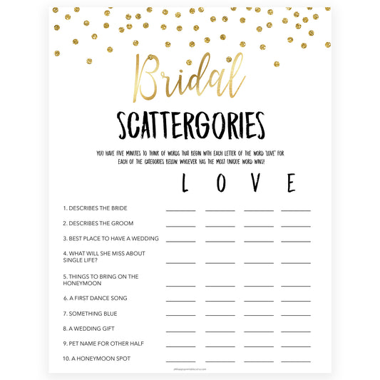 bridal scattergories game, Printable bridal shower games, gold glitter bridal shower, gold glitter bridal shower games, fun bridal shower games, bridal shower game ideas, gold glitter bridal shower