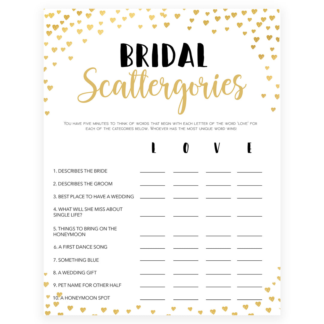 Gold hearts bridal shower games, bridal scatergories, printable bridal games, gold bridal games, gold hearts bridal games, fun bridal games, top bridal games, best bridal games
