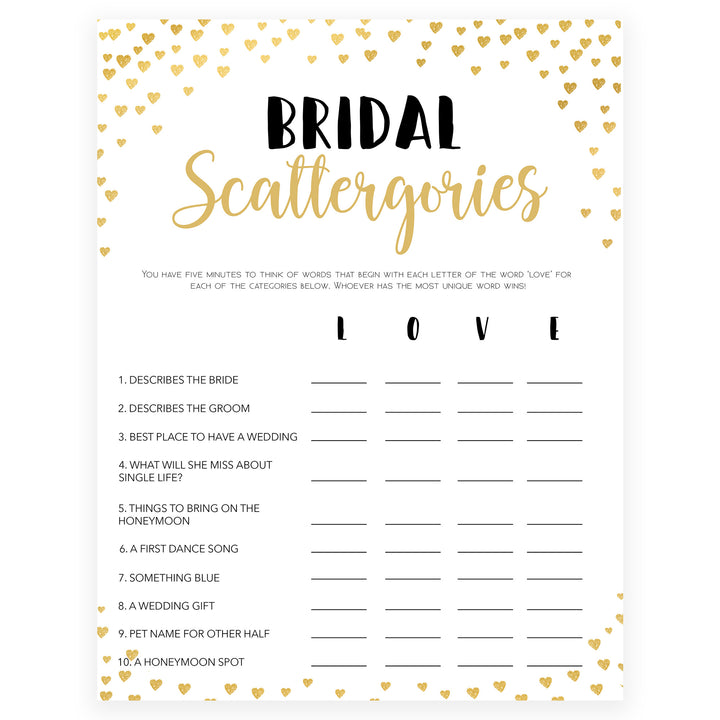 Gold hearts bridal shower games, bridal scatergories, printable bridal games, gold bridal games, gold hearts bridal games, fun bridal games, top bridal games, best bridal games