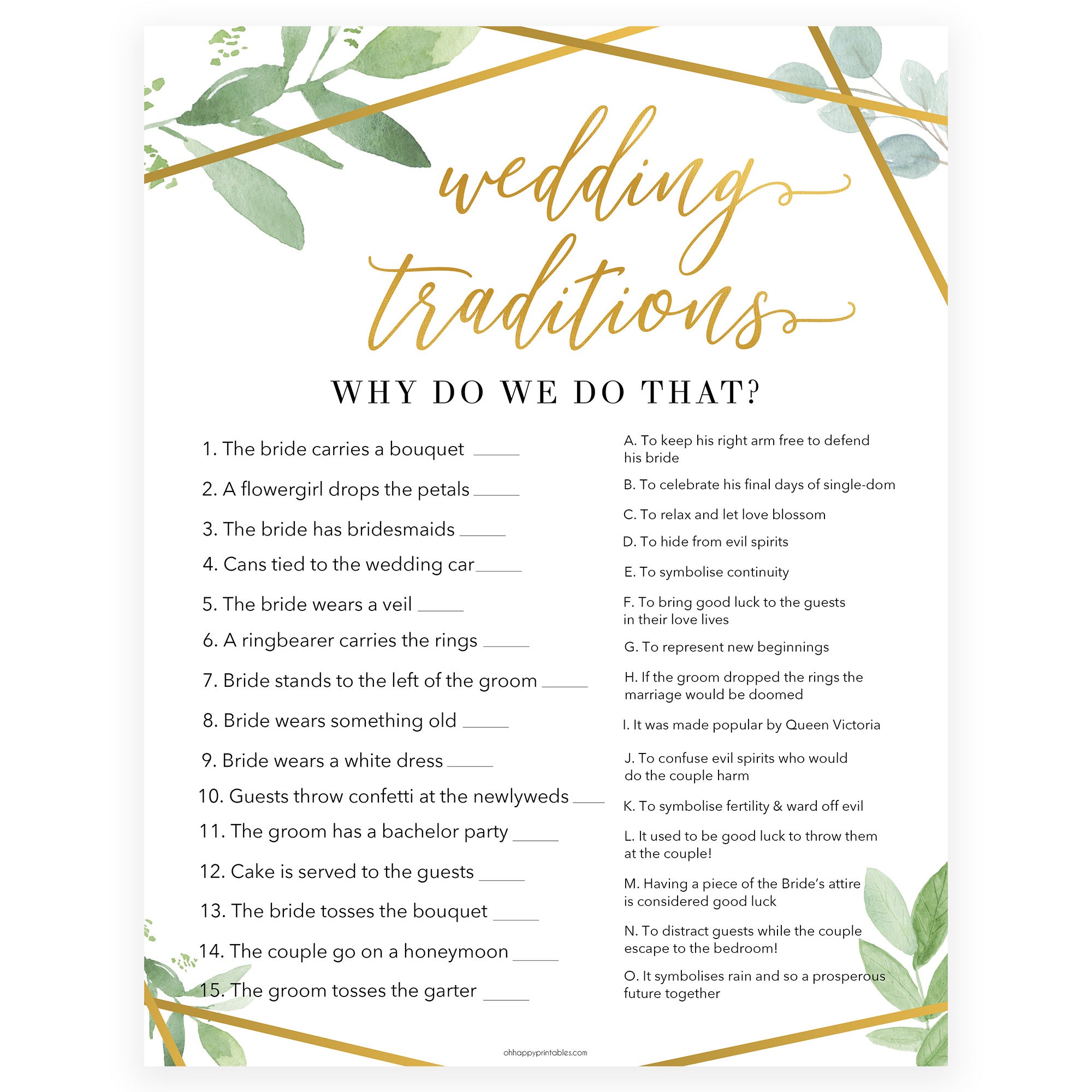 wedding traditions bridal game, Printable bridal shower games, gold floral bridal shower, gold glitter bridal shower games, fun bridal shower games, bridal shower game ideas, gold floral bridal shower