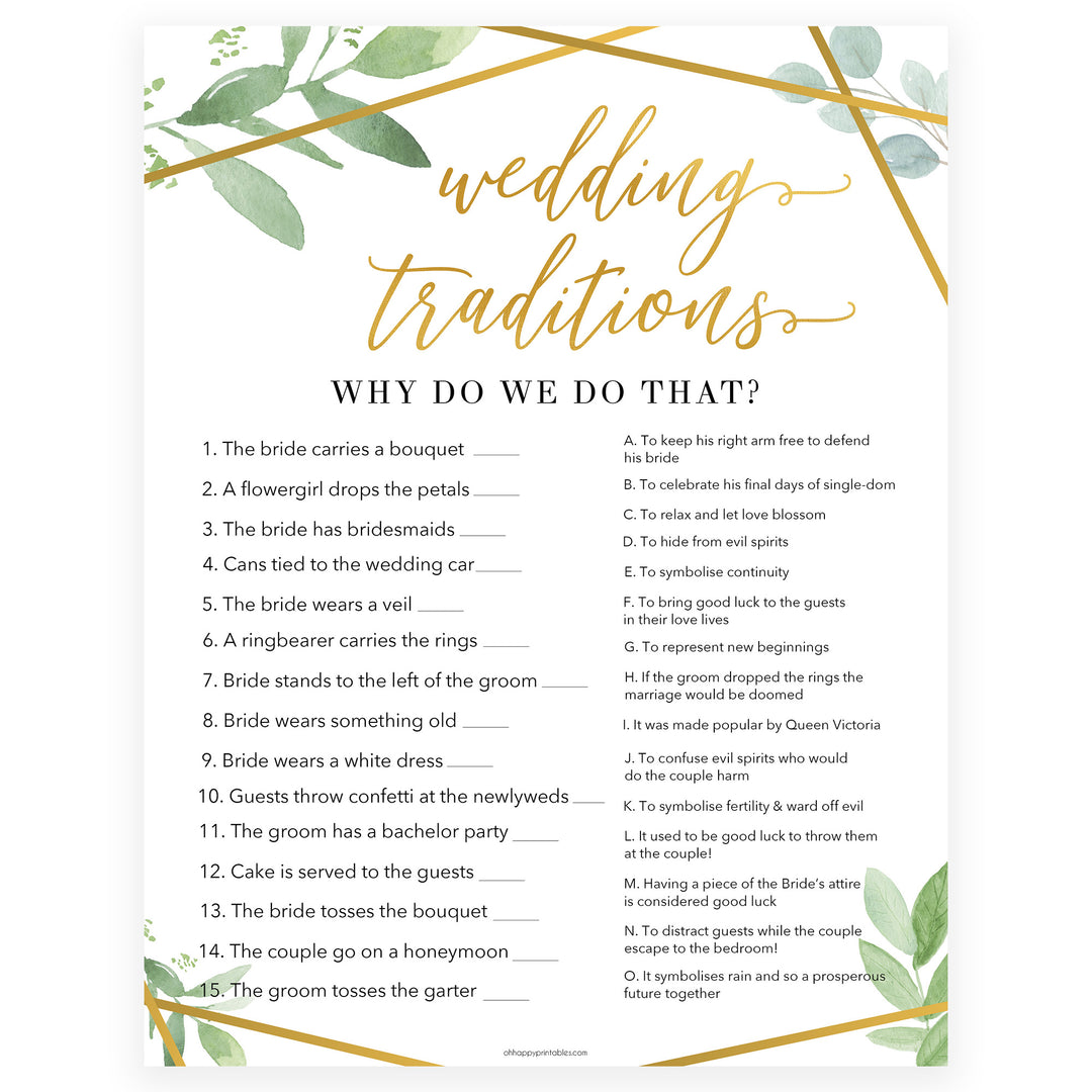 wedding traditions bridal game, Printable bridal shower games, gold floral bridal shower, gold glitter bridal shower games, fun bridal shower games, bridal shower game ideas, gold floral bridal shower