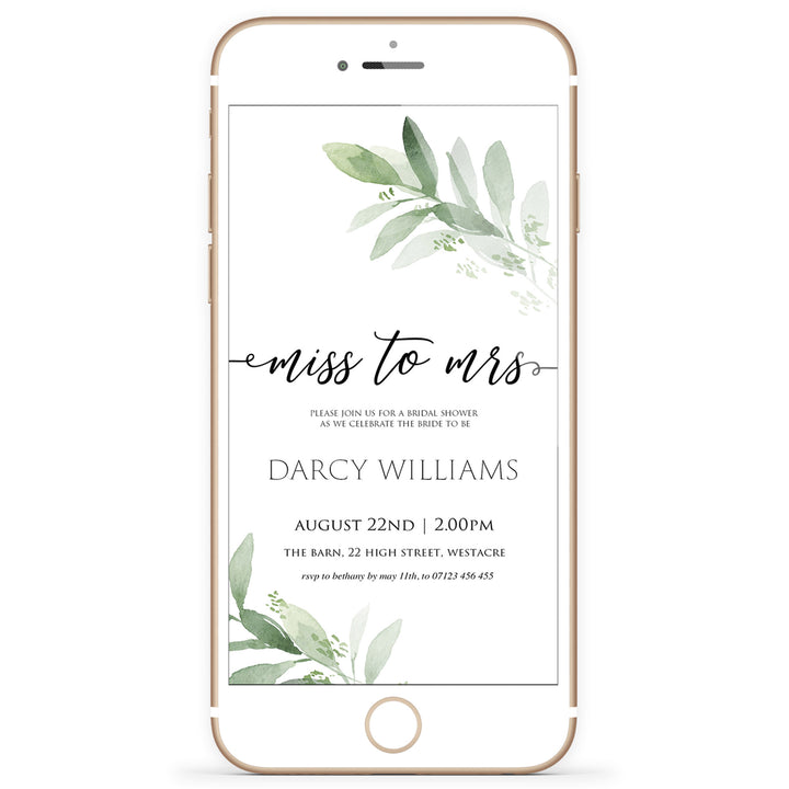 editable miss to mrs bridal shower invite, editable digital invitation, greenery bridal shower invite, mobile invites, editable bridal shower invite, corjl bridal invite, bachelorette party invite
